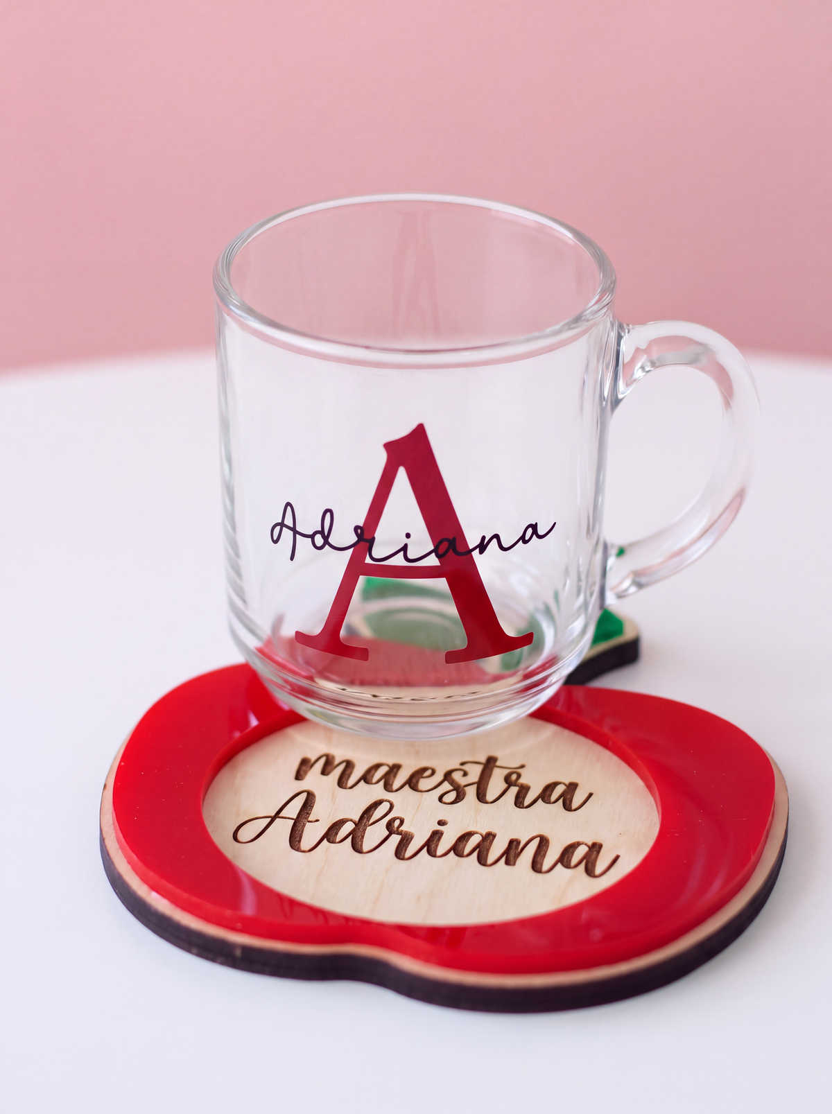 Taza de vidrio + posataza personalizado especial "Día del maestro"