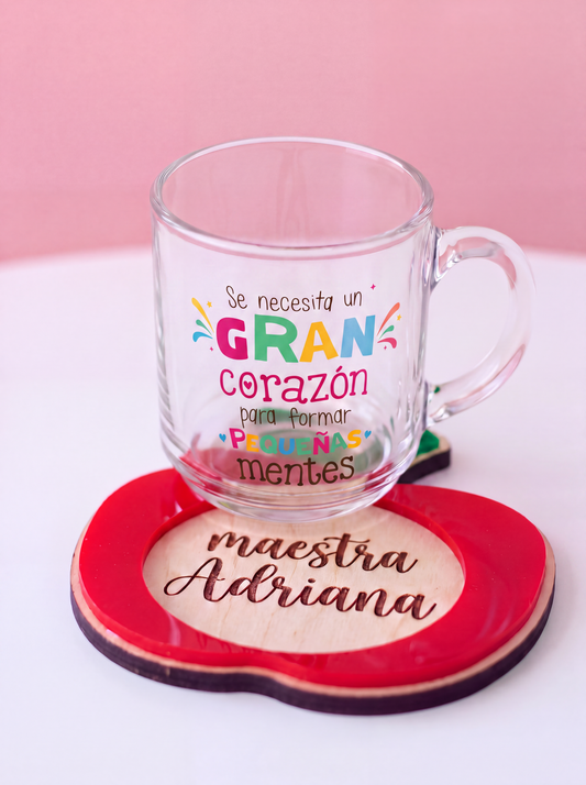 Taza de vidrio + posataza personalizado especial "Día del maestro"
